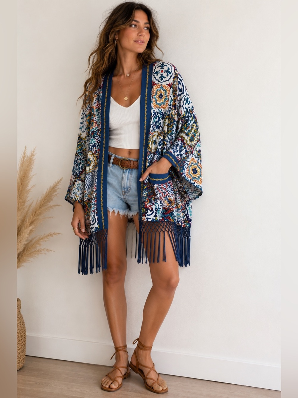 Desigual Azulejo Mosaic Print Fringe Kimono Cardigan Large Boho Festival